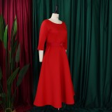 Plus Size Solid Color 3/4 Sleeve Miid Dress GATE-3307