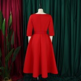 Plus Size Solid Color 3/4 Sleeve Miid Dress GATE-3307