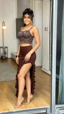 Leopard Print Sling Top Irregular Skirt 2 Piece Set GADE-9175
