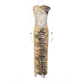 Zebra Print Backless Hollow Out Maxi Dress GLAG-D6321233G
