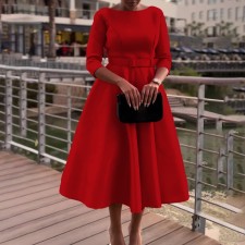 Plus Size Solid Color 3/4 Sleeve Miid Dress GATE-3307