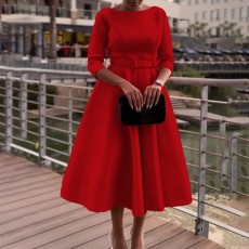 Plus Size Solid Color 3/4 Sleeve Miid Dress GATE-3307