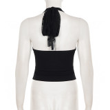 Mesh Patchwork V Neck Backless Top GPKJ-MR47836