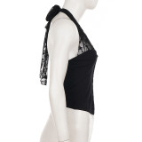 Mesh Patchwork V Neck Backless Top GPKJ-MR47836
