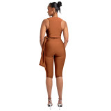 Sleeveless Solid Color Tie Up Top Seventh Pants Suit MXBF-J26ST201