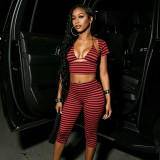 Stripe Square Neck Three Piece Pants Suit MXBF-J26ST218