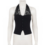Mesh Patchwork V Neck Backless Top GPKJ-MR47836