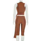 Sleeveless Solid Color Tie Up Top Seventh Pants Suit MXBF-J26ST201
