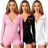 Letter Print Long Sleeve Zipper Hooded Romper YNSF-8035