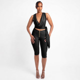 Sleeveless Solid Color Tie Up Top Seventh Pants Suit MXBF-J26ST201