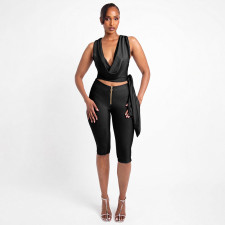 Sleeveless Solid Color Tie Up Top Seventh Pants Suit MXBF-J26ST201