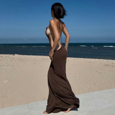 Sexy Solid Color Backless Maxi Dress GPKJ-MR48995