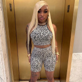 Leopard Print Sleeveless Skinny Two Piece Short Set MXBF-J26ST217