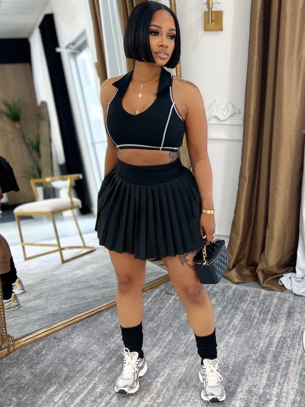 Lapel Sleeveless Crop Top Pleated Skirt Suit CH-26025