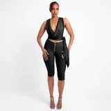 Sleeveless Solid Color Tie Up Top Seventh Pants Suit MXBF-J26ST201
