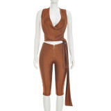 Sleeveless Solid Color Tie Up Top Seventh Pants Suit MXBF-J26ST201