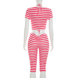 Stripe Square Neck Three Piece Pants Suit MXBF-J26ST218