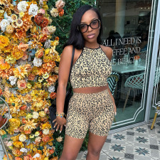 Leopard Print Sleeveless Skinny Two Piece Short Set MXBF-J26ST217