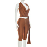 Sleeveless Solid Color Tie Up Top Seventh Pants Suit MXBF-J26ST201