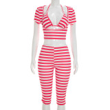 Stripe Square Neck Three Piece Pants Suit MXBF-J26ST218