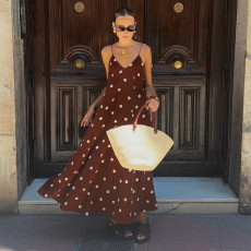 Polka Dots Print V Neck Sling Maxi Dress GPKJ-MR42401
