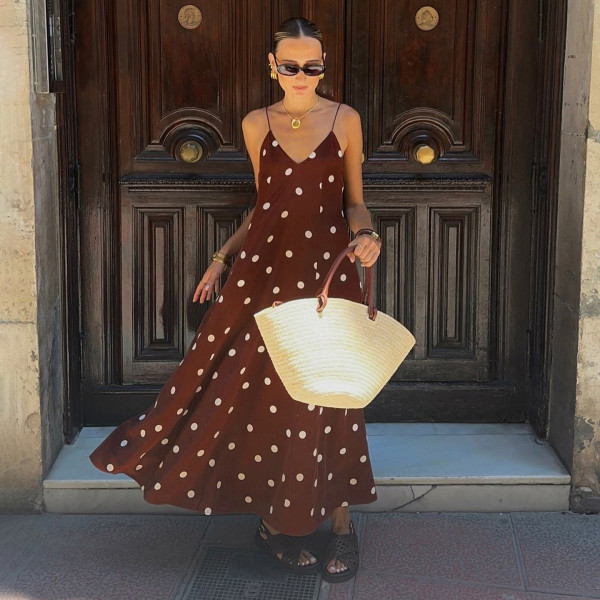 Polka Dots Print V Neck Sling Maxi Dress GPKJ-MR42401