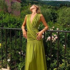Ruched V Neck Sleeveless Maxi Dress GLAG-D6421524H
