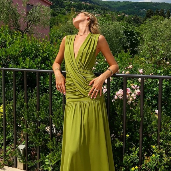 Ruched V Neck Sleeveless Maxi Dress GLAG-D6421524H
