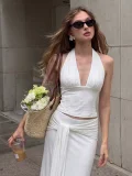 Solid Color Halterneck Backless Two Piece Skirts Set GLAG-S6321405H