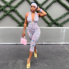 Colorful Print Halterneck Backless Seventh Jumpsuit GDSF-D26JP188