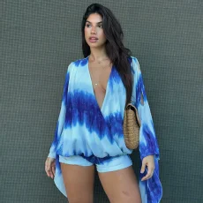 Tie Dye Print Flare Sleeve Two Piece Shrot Set GDSF-D26ST156