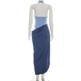 Contrast Color Halterneck Irregular Maxi Dress GDSF-D26DS176