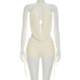 Lace Patchwork Backless Tie Up Two Piece Shorts Set GDSF-C26ST198