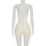 Lace Patchwork Backless Tie Up Two Piece Shorts Set GDSF-C26ST198