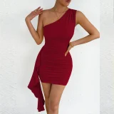Single Shoulder Solid Color Mini Dress YMYF-9574
