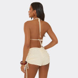 Lace Patchwork Backless Tie Up Two Piece Shorts Set GDSF-C26ST198