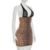Leopard Print Halterneck Tie Up Mini Dress GDSF-D26DS170
