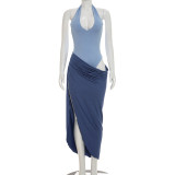 Contrast Color Halterneck Irregular Maxi Dress GDSF-D26DS176