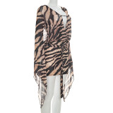Tiger Print Long Sleeve Mesh Mini Dress GDSF-D26DS172