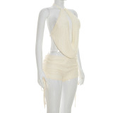 Lace Patchwork Backless Tie Up Two Piece Shorts Set GDSF-C26ST198