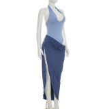 Contrast Color Halterneck Irregular Maxi Dress GDSF-D26DS176