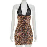 Leopard Print Halterneck Tie Up Mini Dress GDSF-D26DS170