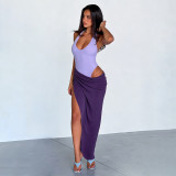 Contrast Color Halterneck Irregular Maxi Dress GDSF-D26DS176