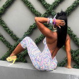 Colorful Print Halterneck Backless Seventh Jumpsuit GDSF-D26JP188