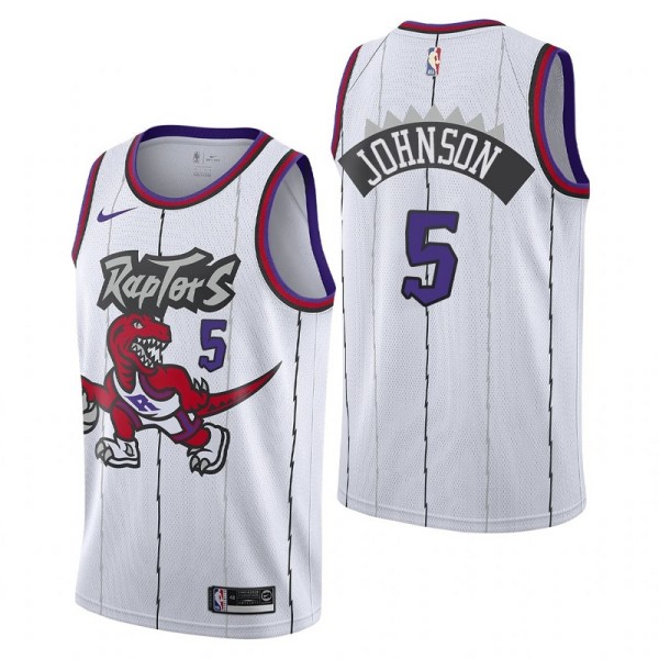 NBA Men Toronto Raptors Classical White #5 JOHNSON Jersey with Drangon High Quality Name and Number Print