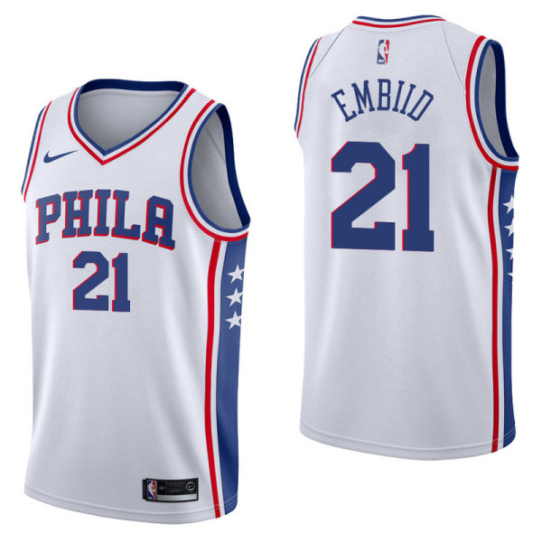 NBA Men Philadelphia 76ers White #21 EMBILD Jersey High Quality Name and Number Print
