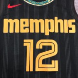 NBA Men Season 2021 Memphis Grizzlies Black City with White Lines #12 MORANT Jersey High Quality Name and Number Print