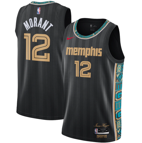 NBA Men Season 2021 Memphis Grizzlies Black City with White Lines #12 MORANT Jersey High Quality Name and Number Print