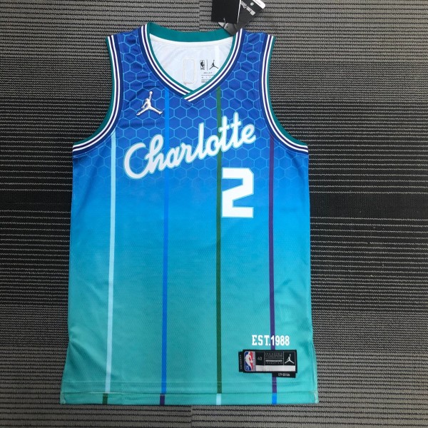 NBA Men 75th Anniversary Season 2022 Charlotte Hornets #2 BALL Blue Jersey High Quality Name and Number Print