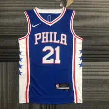 NBA Men 75th Anniversary Season 2022 Philadelphia 76ers Blue V-neck  #21 EMBIID Jersey High Quality Name and Number Print